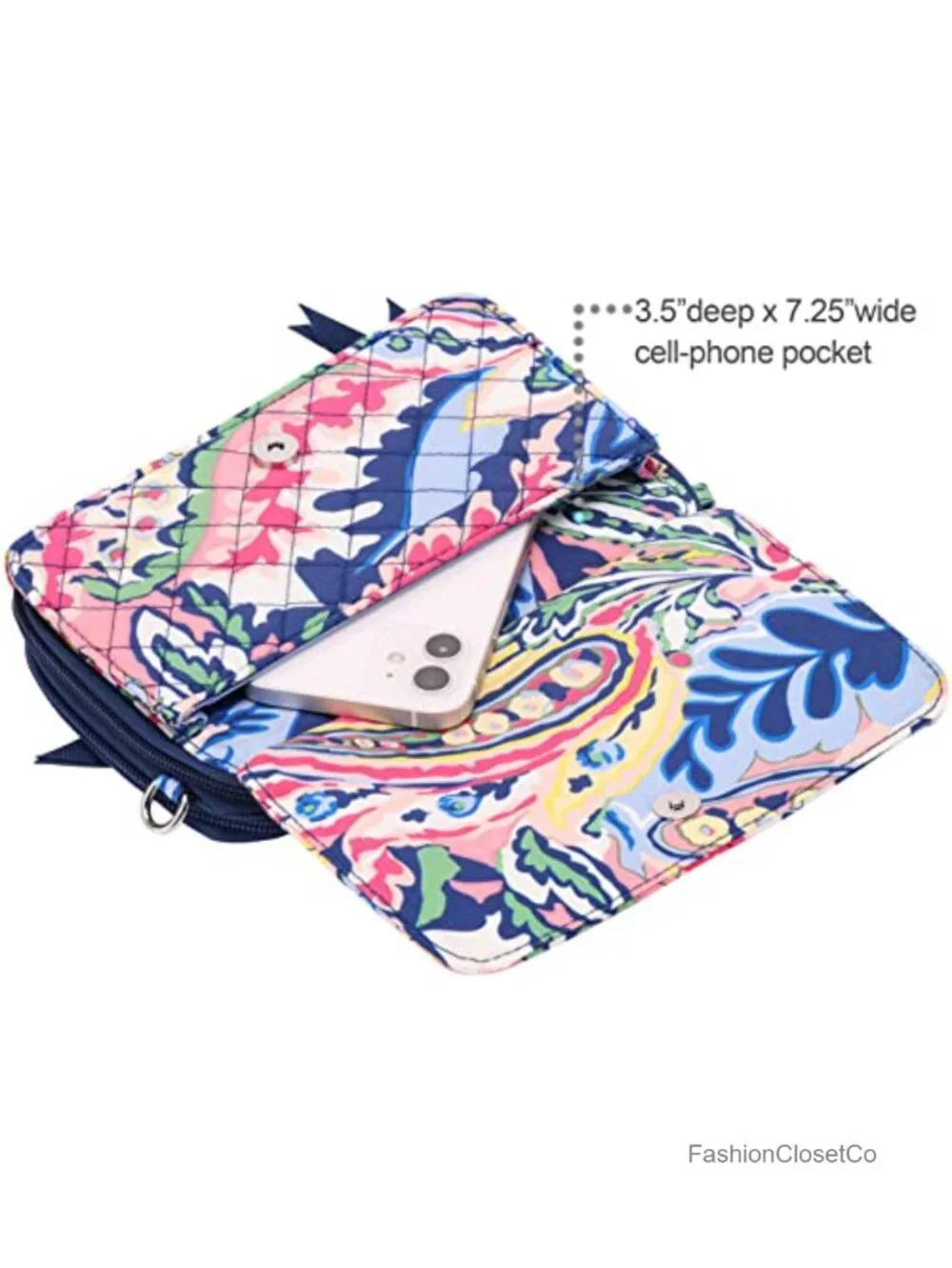 Cotton quilted double-zipper crossbody wallet purse clutch with card slots and